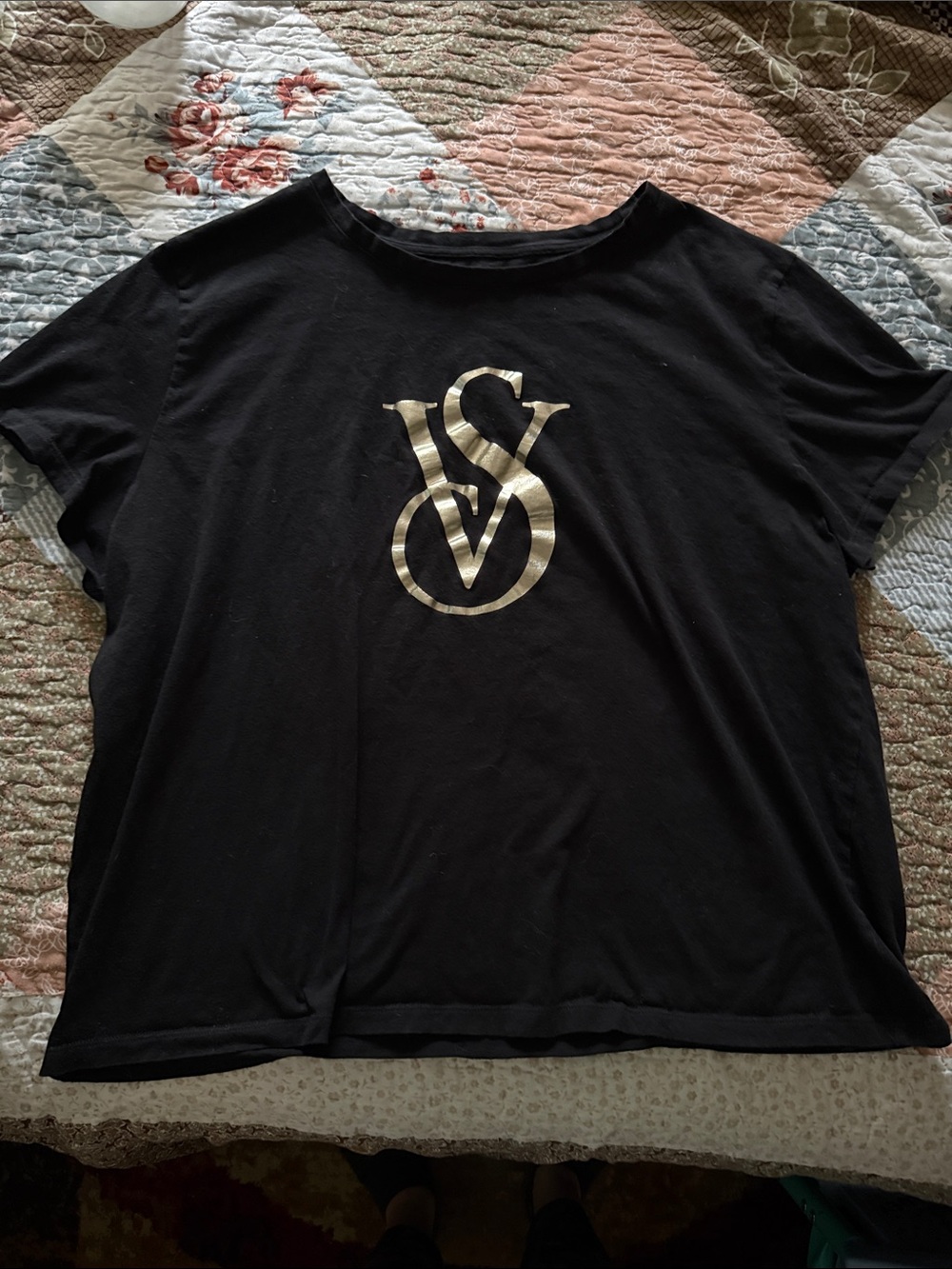 Victoria's Secret Black Short-Sleeve Top with Gold VS Logo size XXl